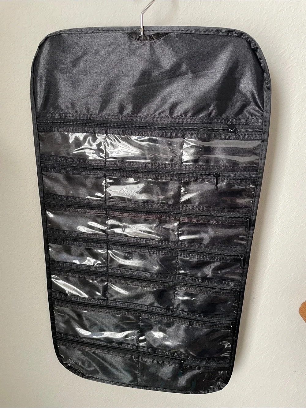 Hanging Black Jewelry & Accessory Organizer with Clear Pockets